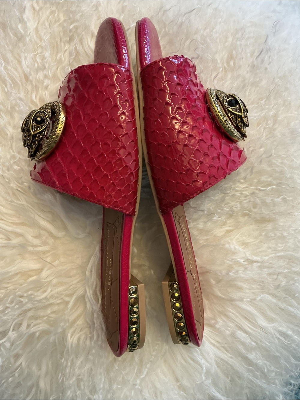 Kurt Geiger Hot Pink Embossed Slide Sandals with Ornate Gold Buckle - Picture 6 of 6